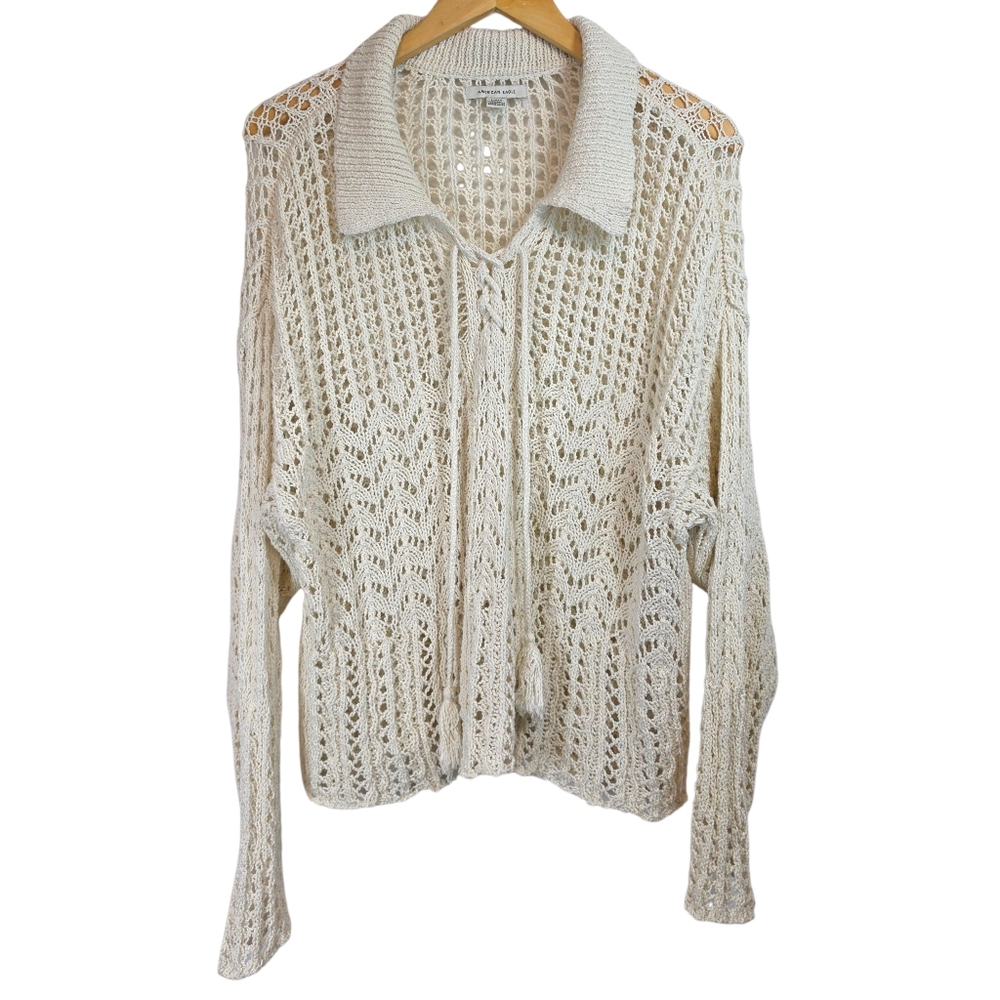 American Eagle Open Knit Sweater Johnny Collar Boxy Sz L Boho Chunky Office EUC